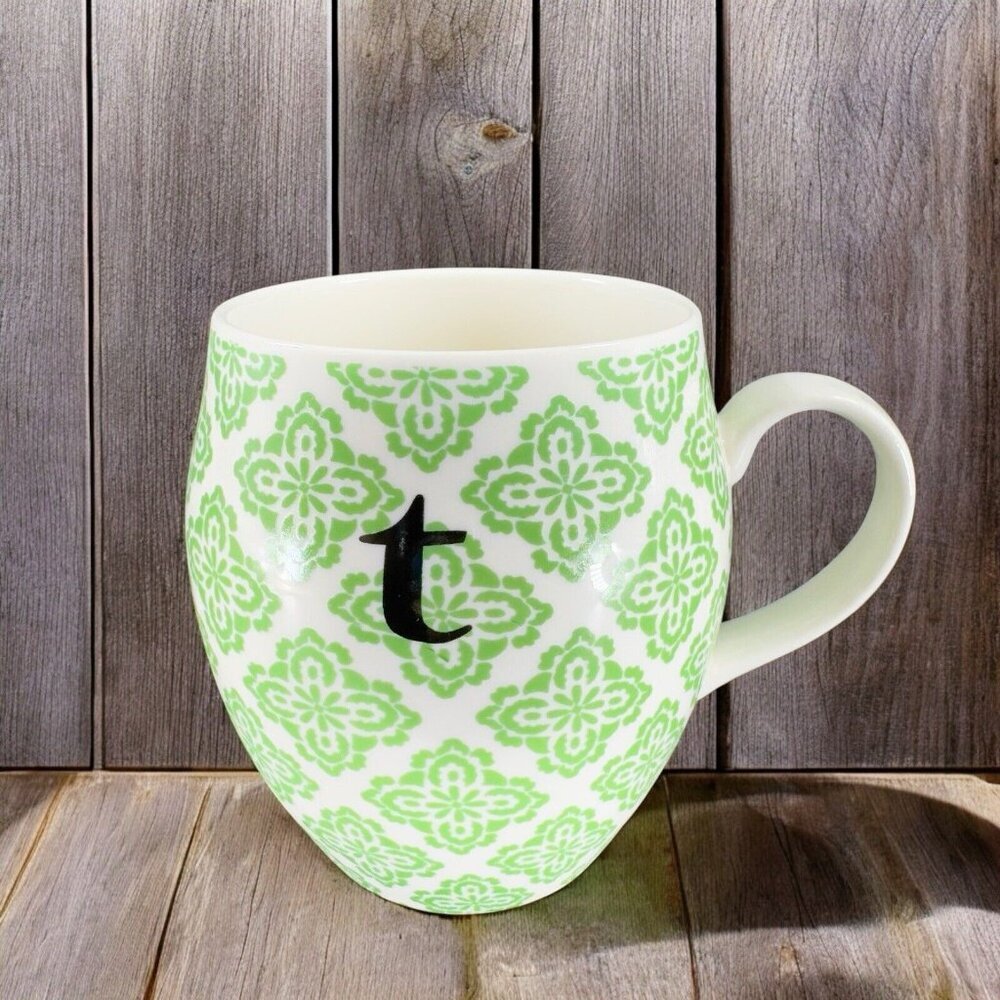 Ashland Summer Fiesta Monogram Initial T Mug Cup Ceramic Green Pattern Mug